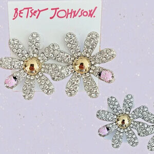 Betsey Johnson Daisy Flower Crystal Stone Pink Ladybug Charm Stud Earrings